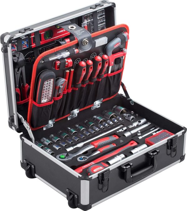 Meister Werkzeugtrolley 156-teilig - Werkzeug-Set-Mit Rollen- Teleskophandgriff/Profi Werkzeugkoffer befüllt/Werkzeugkiste fahrbar /Werkzeugbox komplett mit Werkzeug. Schwarz/Silber. 8971440