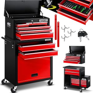 MASKO® Werkstattwagen inkl. Koffer - 9 Fächer Abschließbar | Massives Metall | Mobiler Werkzeug-Wagen ohne Werkzeug | Profi| Rollwagen zur Werkzeugaufbewahrung mit Schloss | Schwarz/Rot