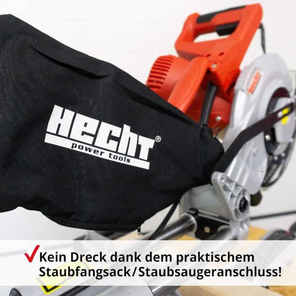 HECHT Zug-Kapp-Gehrungssäge ??starke 1800 Watt ??mit HM-Sägeblatt ??Hohe Schnitt-kapazität mit Winkel von -45° bis +45° ??robuster Drehtisch ??LED Schnittlinien-Laser ??Mit Staubfangbeutel – Bild 6