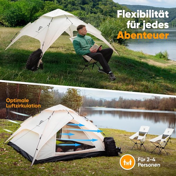 XXL Quicktent ?C 245x245x145 cm ?C Wasserdicht (5000mm Wassers?ule). Windstabil & Blitzschnell Aufgebaut ?C Campingzelt f??r 2-4 Personen mit Extra Stauraum & Top-Bel??ftung. Pop Up Zelt – Bild 4