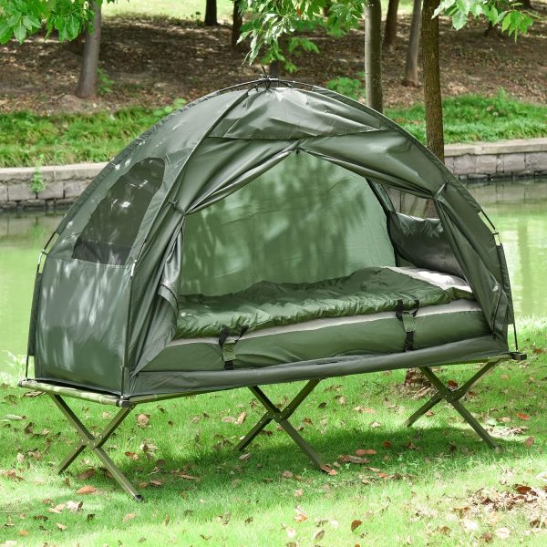Outsunny Feldbett 4 in 1 Camping Set mit Zelt Schlafsack Matratze faltbar. Dunkelgr??n – Bild 2