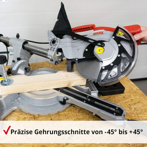 HECHT Zug-Kapp-Gehrungssäge ??starke 1800 Watt ??mit HM-Sägeblatt ??Hohe Schnitt-kapazität mit Winkel von -45° bis +45° ??robuster Drehtisch ??LED Schnittlinien-Laser ??Mit Staubfangbeutel – Bild 4