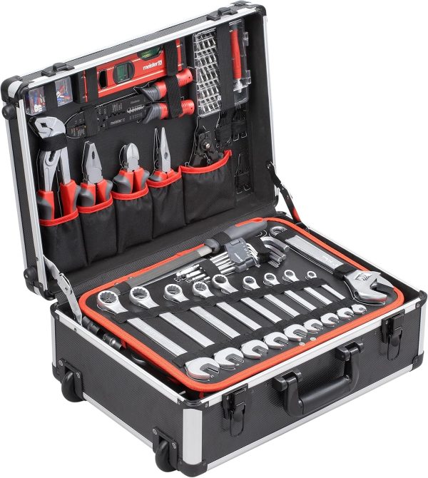 Meister Werkzeugtrolley 156-teilig - Werkzeug-Set-Mit Rollen- Teleskophandgriff/Profi Werkzeugkoffer befüllt/Werkzeugkiste fahrbar /Werkzeugbox komplett mit Werkzeug. Schwarz/Silber. 8971440 – Bild 2