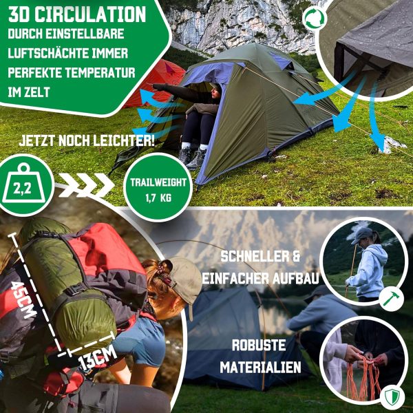GOALPINE? Zelt f??r 1 & 2 gro?e Personen | wasserdicht 4000mm | kleines Packma? | zum Wandern. Bergtouren & Bikepacking | Ultraleicht | 4 Jahreszeiten | schneller aufbau – Bild 4