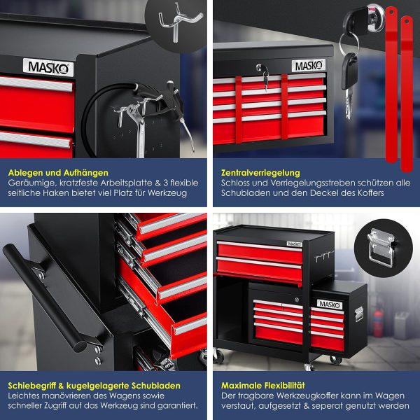 MASKO® Werkstattwagen inkl. Koffer - 9 Fächer Abschließbar | Massives Metall | Mobiler Werkzeug-Wagen ohne Werkzeug | Profi| Rollwagen zur Werkzeugaufbewahrung mit Schloss | Schwarz/Rot – Bild 5