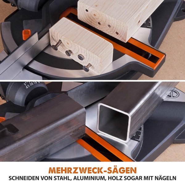 Evolution Gehrungssäge R210CMS | 1200 W Gehrungssäge | Inkl. Ø 210 mm HM-Sägeblatt Multi-Material-Schneiden Holz. Aluminium. Stahl. Kunststoff | 0°- 45° Fase und 45°- 45° Gehrungswinkel | Kappsäge – Bild 5