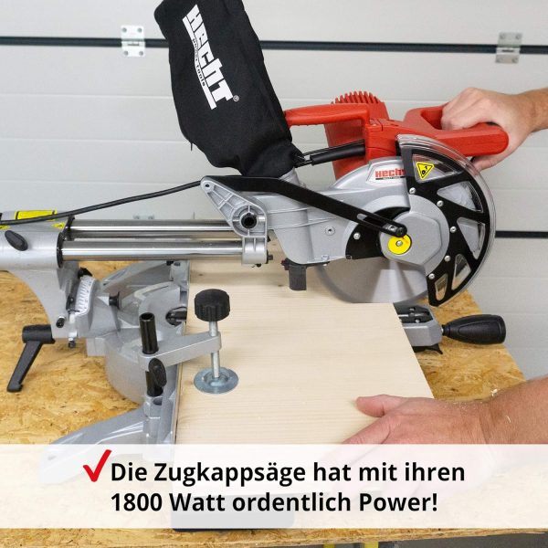 HECHT Zug-Kapp-Gehrungssäge ??starke 1800 Watt ??mit HM-Sägeblatt ??Hohe Schnitt-kapazität mit Winkel von -45° bis +45° ??robuster Drehtisch ??LED Schnittlinien-Laser ??Mit Staubfangbeutel – Bild 2