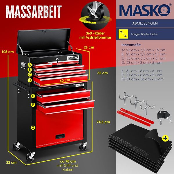 MASKO® Werkstattwagen inkl. Koffer - 9 Fächer Abschließbar | Massives Metall | Mobiler Werkzeug-Wagen ohne Werkzeug | Profi| Rollwagen zur Werkzeugaufbewahrung mit Schloss | Schwarz/Rot – Bild 2