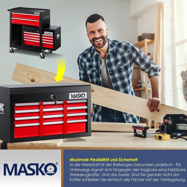 MASKO® Werkstattwagen inkl. Koffer - 9 Fächer Abschließbar | Massives Metall | Mobiler Werkzeug-Wagen ohne Werkzeug | Profi| Rollwagen zur Werkzeugaufbewahrung mit Schloss | Schwarz/Rot – Bild 7