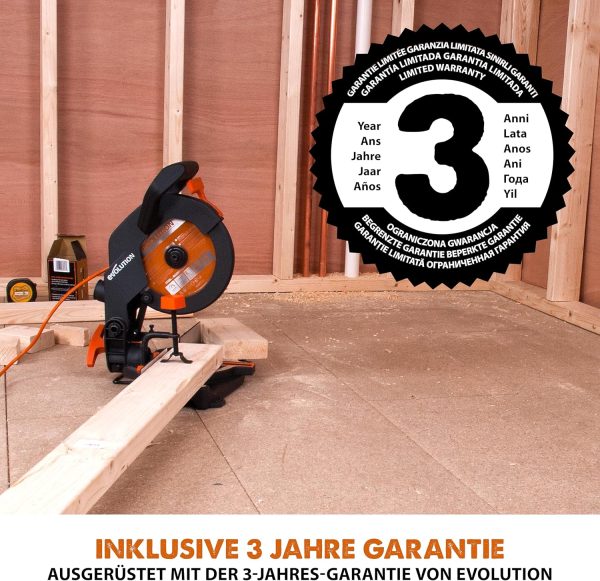 Evolution Gehrungssäge R210CMS | 1200 W Gehrungssäge | Inkl. Ø 210 mm HM-Sägeblatt Multi-Material-Schneiden Holz. Aluminium. Stahl. Kunststoff | 0°- 45° Fase und 45°- 45° Gehrungswinkel | Kappsäge – Bild 3
