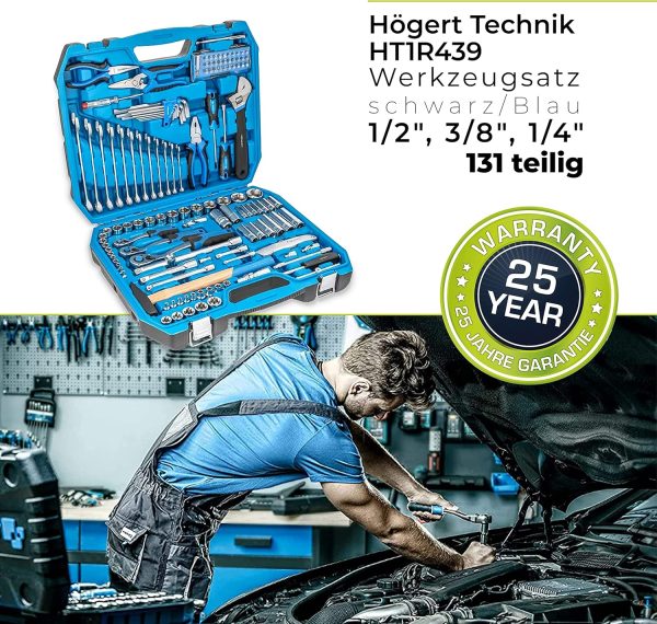 Högert Technik - Werkzeugkoffer Gefüllt. Werkzeugkasten mit Steckschlüssel. Bits und Zubehör. Werkzeug Set Chrom-Vanadium-Legierungsstahl. Werkzeugset Gesenkgeschmiedet. Toolbox HT1R439-131-tlg – Bild 3