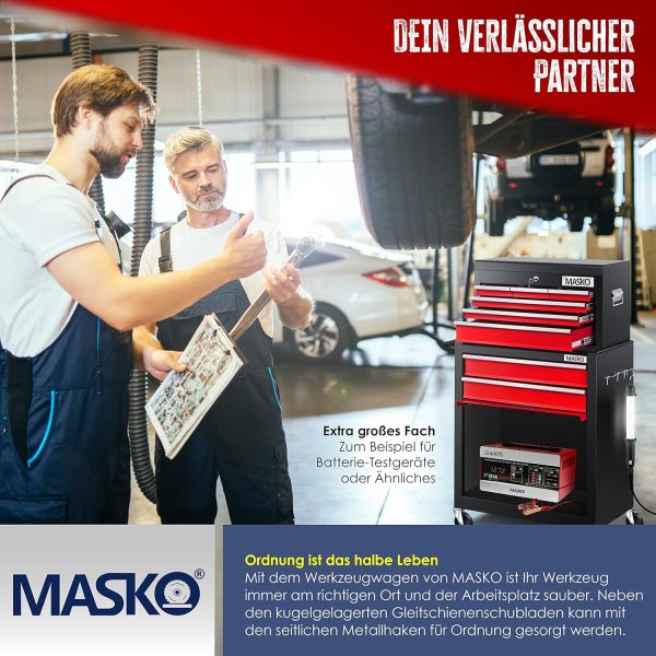 MASKO® Werkstattwagen inkl. Koffer - 9 Fächer Abschließbar | Massives Metall | Mobiler Werkzeug-Wagen ohne Werkzeug | Profi| Rollwagen zur Werkzeugaufbewahrung mit Schloss | Schwarz/Rot – Bild 6