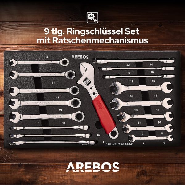 Arebos Werkzeugkoffer inkl. 172-tlg. Werkzeugset aus Chrom Vanadium Steckschlüssel Set | für Haushalt. Garage & Werkstatt | bestückte Werkzeugbox mit 3 Schubladen | abschließbar | Rot/Schwarz – Bild 6