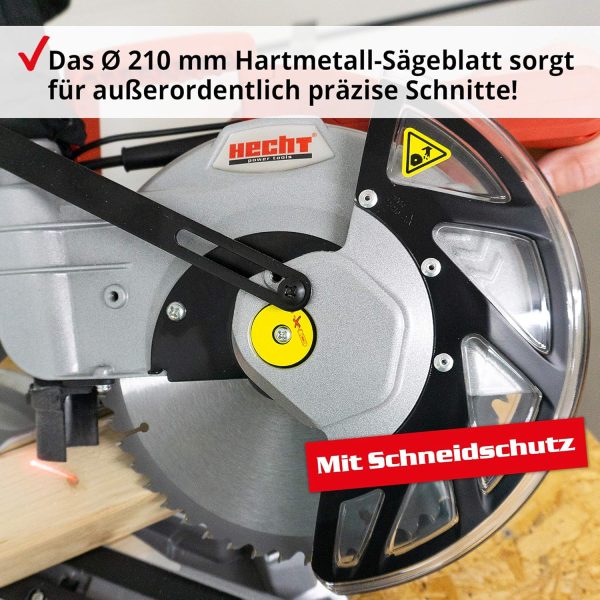 HECHT Zug-Kapp-Gehrungssäge ??starke 1800 Watt ??mit HM-Sägeblatt ??Hohe Schnitt-kapazität mit Winkel von -45° bis +45° ??robuster Drehtisch ??LED Schnittlinien-Laser ??Mit Staubfangbeutel – Bild 5