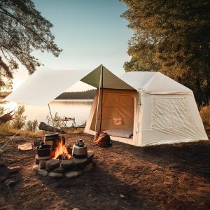 EROMMY aufblasbares Zelt mit gro?em Vordach. Luftzelt f??r 4 Personen. Schnellaufbau mit Luftpumpe. Campingzelt f??r Outdoor-Abenteuer(260X220X180CM)