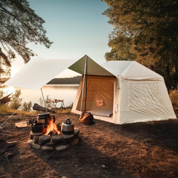 EROMMY aufblasbares Zelt mit gro?em Vordach. Luftzelt f??r 4 Personen. Schnellaufbau mit Luftpumpe. Campingzelt f??r Outdoor-Abenteuer(260X220X180CM)