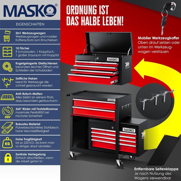 MASKO® Werkstattwagen inkl. Koffer - 9 Fächer Abschließbar | Massives Metall | Mobiler Werkzeug-Wagen ohne Werkzeug | Profi| Rollwagen zur Werkzeugaufbewahrung mit Schloss | Schwarz/Rot – Bild 3